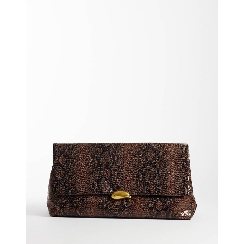 ASOS DESIGN large soft clutch in snake print with hardware