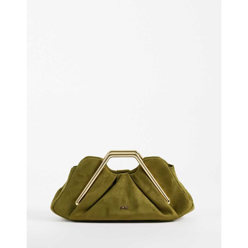 JW PEI Leia fan clutch bag in olive green faux suede