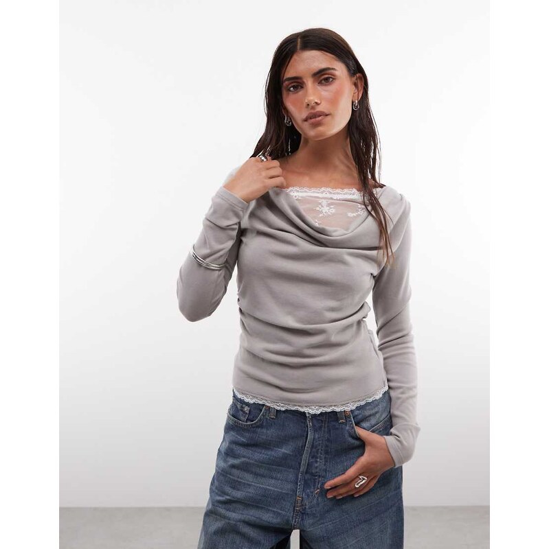 Daisy Street double layer slinky long sleeve top with lace