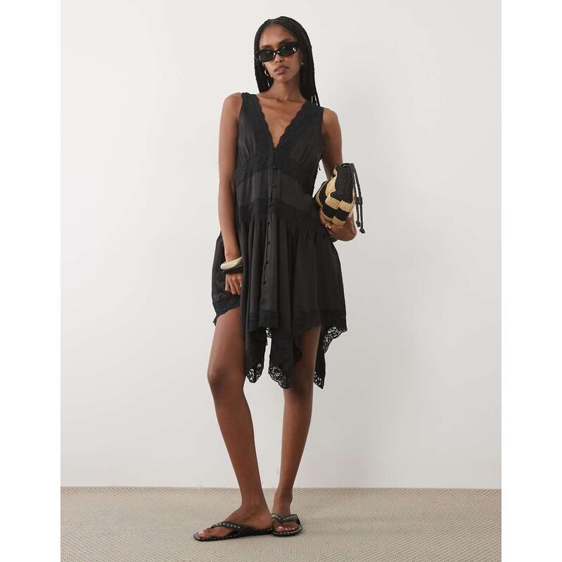 Miss Selfridge satin lace insert hanky hem mini dress in black