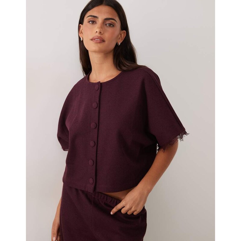 Miss Selfridge batwing sleeve button through top with lace trim