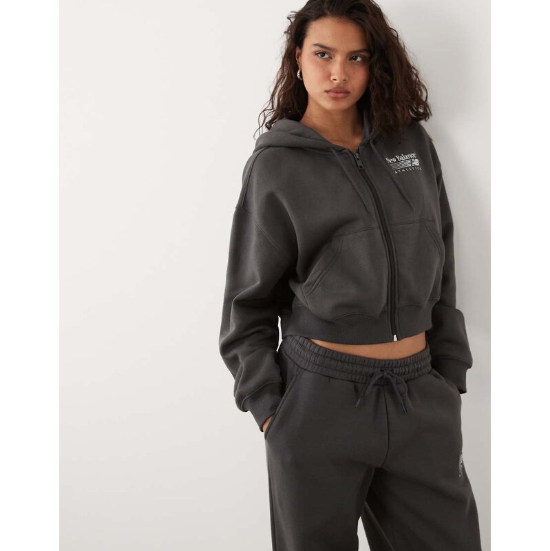 New Balance Trackside fleece full zip hoodie in grey-Black