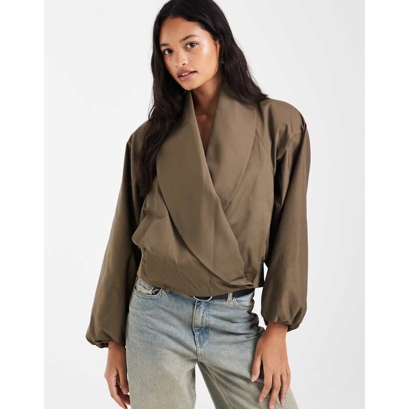 ASOS DESIGN shawl collar wrap bomber jacket in olive green