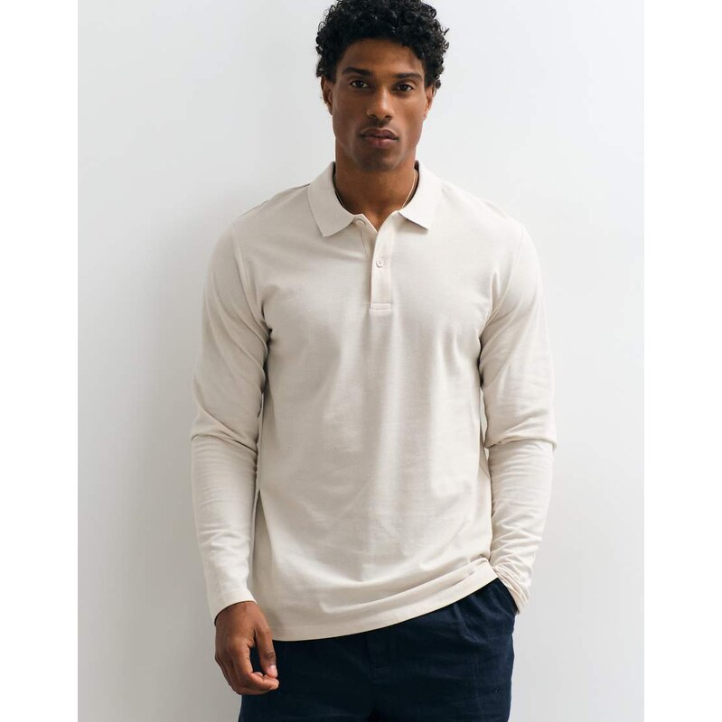Jack & Jones pique long sleeve polo in cream-White