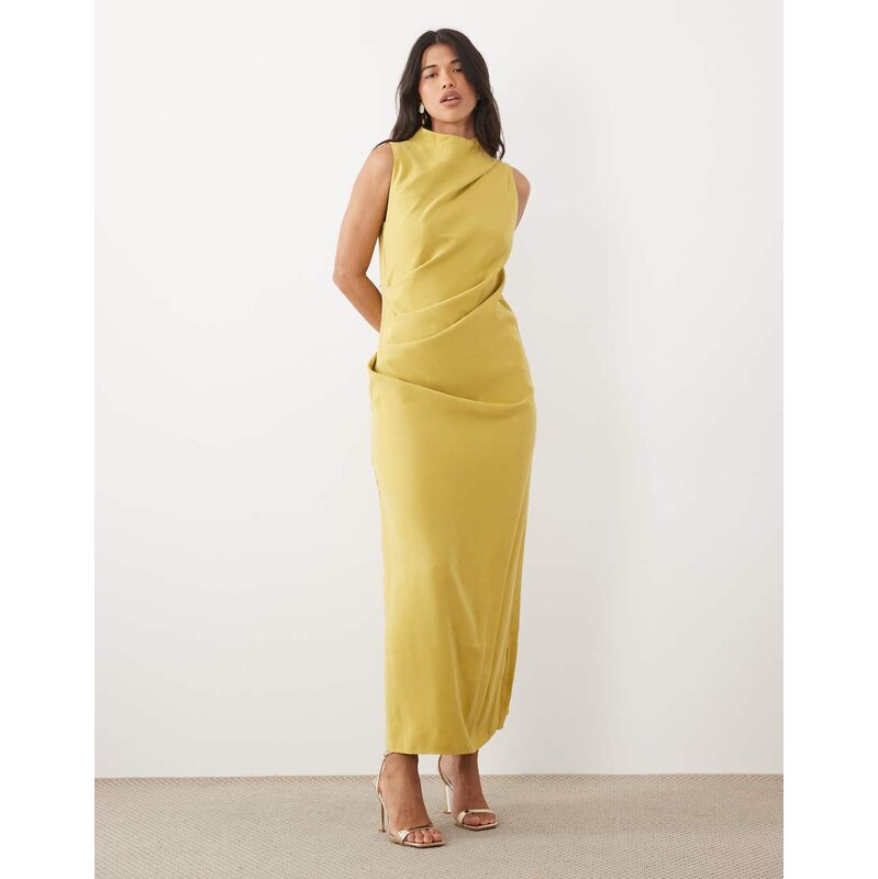 ASOS DESIGN column slouchy hip maxi dress in golden olive-Yellow