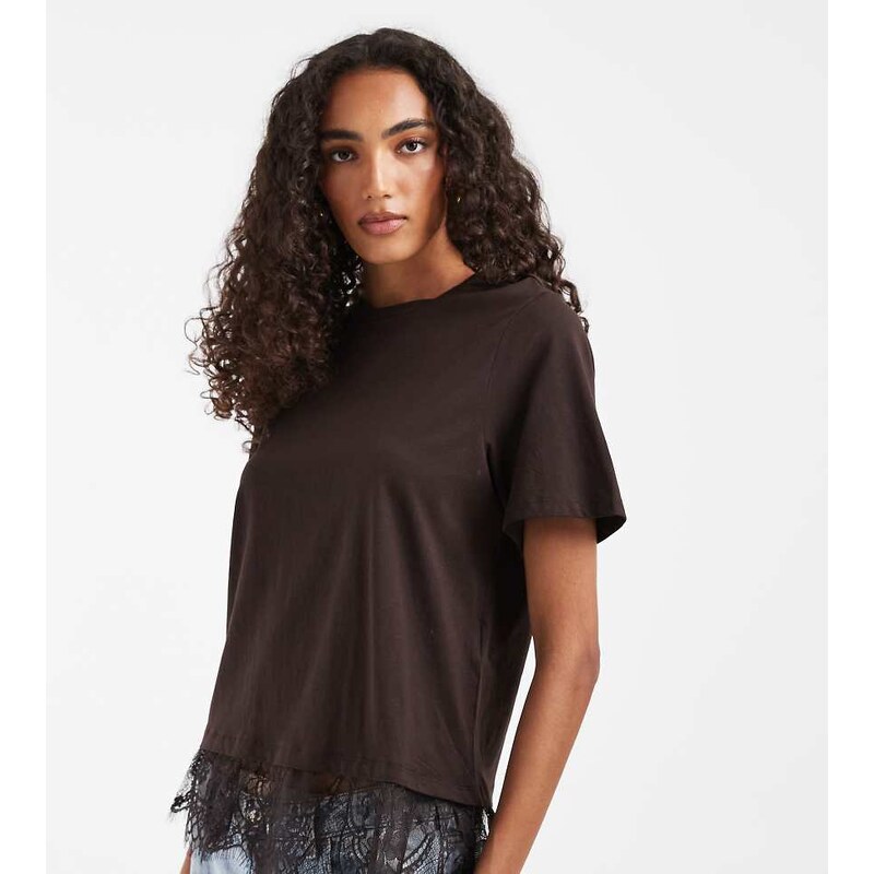 Vero Moda Tall t-shirt with asymmetric lace detail in chocolate