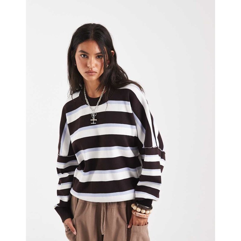 Free People boxy sweatshirt in chocolate stripe combo-Brown