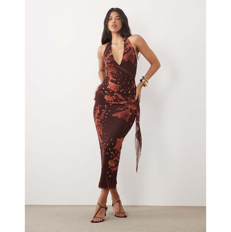 ASOS DESIGN mesh halterneck midi dress with sweeping sash skirt