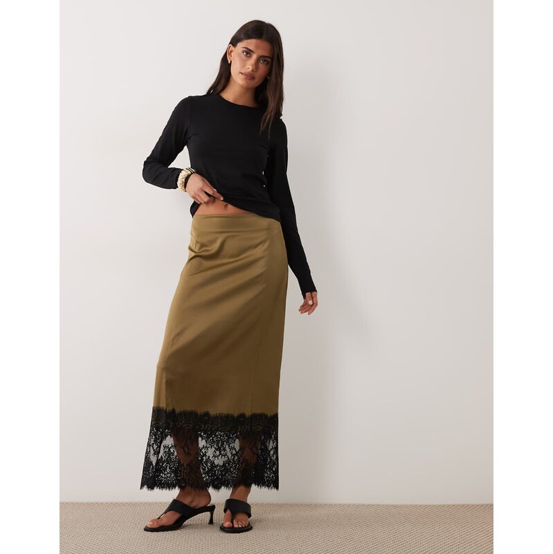 JDY satin midi skirt with lace trim in olive green