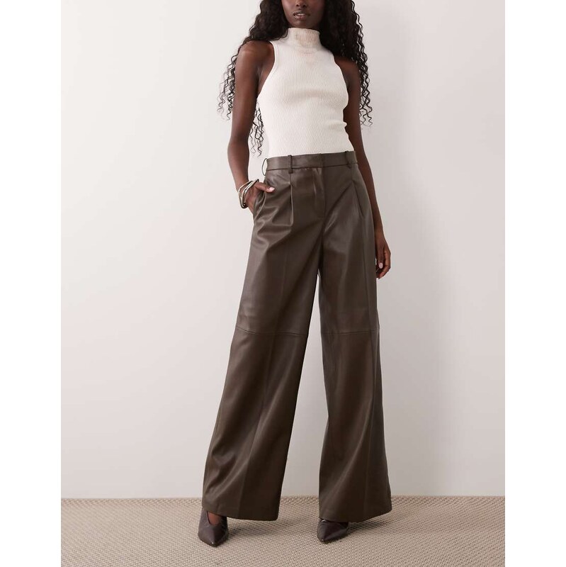 Mango faux leather straight trouser in brown