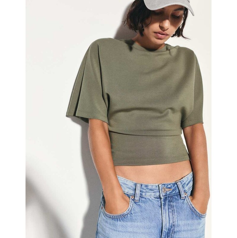 Pull&Bear Modal batwing sleeve t-shirt in khaki-Green