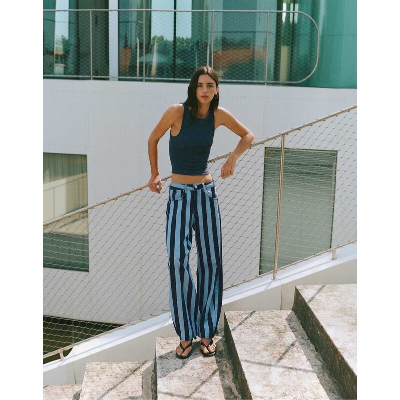Pull&Bear Striped barrel jeans in turquoise-Blue