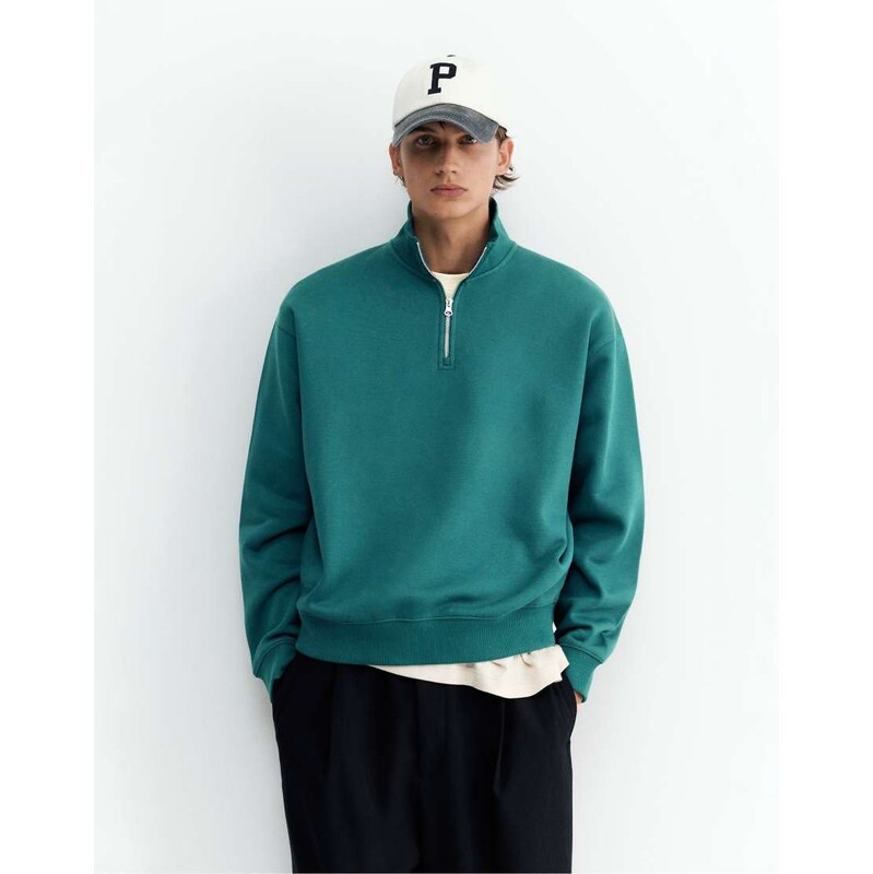 Pull&Bear Quarter-zip sweatshirt in bottle green