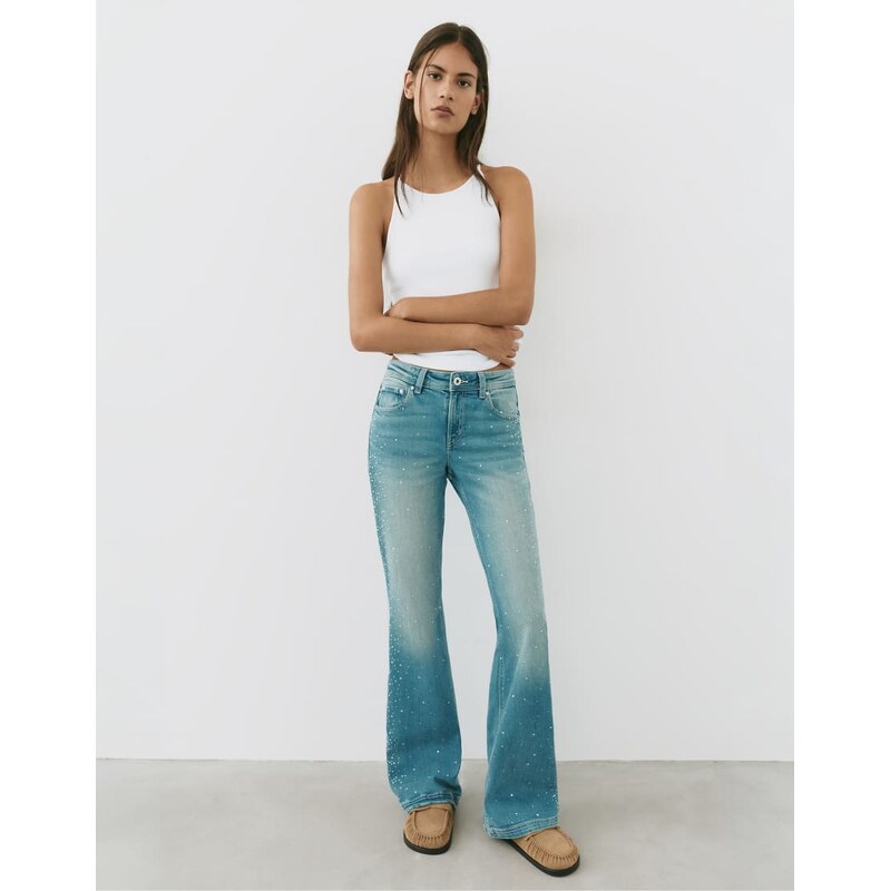 Pull&Bear Rhinestone boot-cut jeans in greenish blue