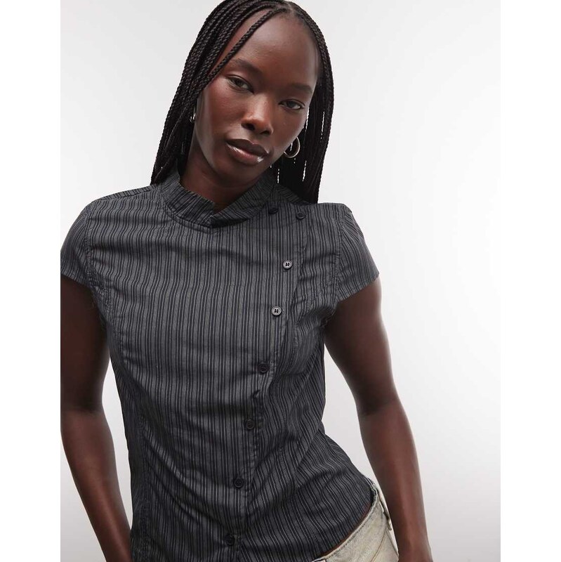 Weekday high neck asymmetric button up top in grey stripe