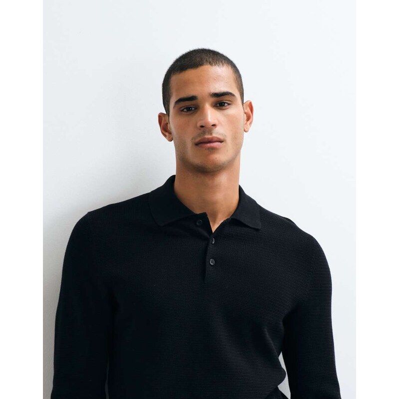 Mango cotton rich knitted polo top in black