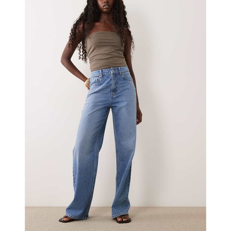 ASOS DESIGN straight wide leg jeans in mid wash blue
