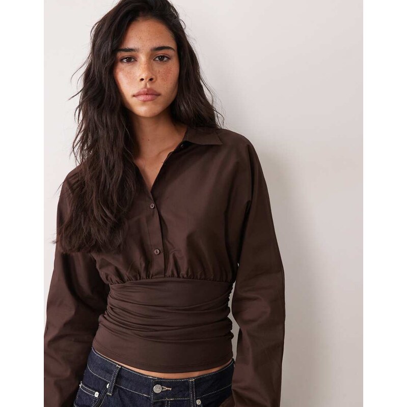 Cotton On cinched waist long sleeve shirt top in dark oak-Brown