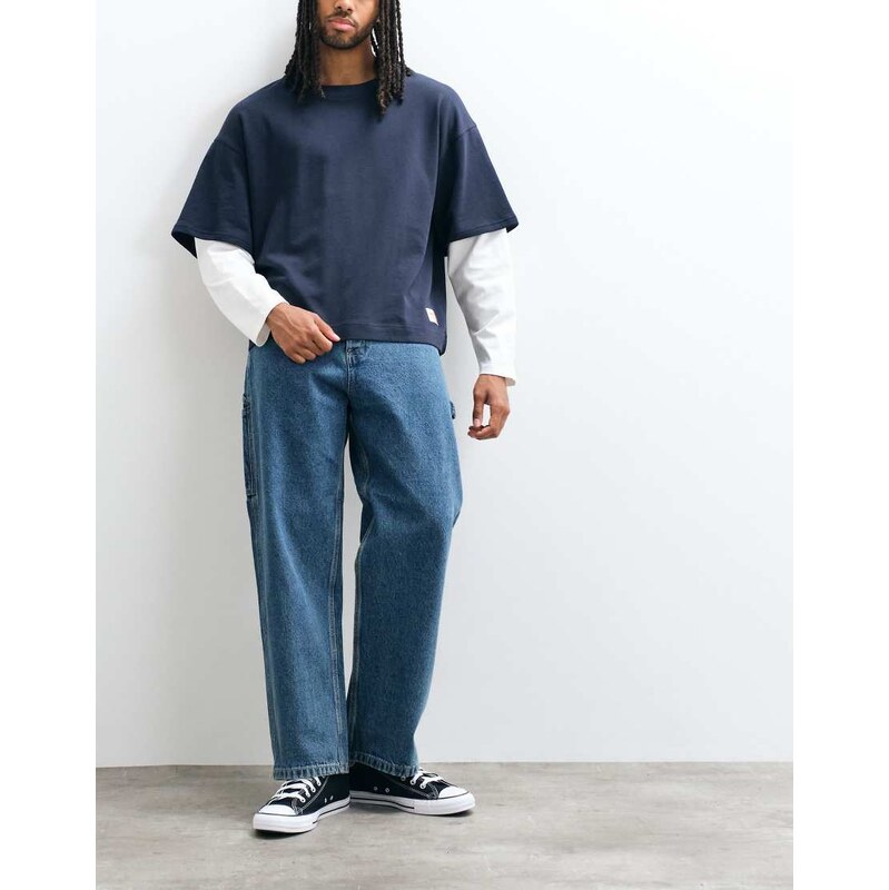 Jack & Jones Alex baggy carpenter jeans in mid blue wash