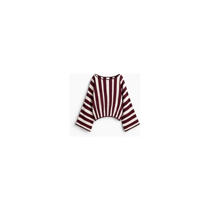 H&M - Fine-knit boat-neck top - Burgundy/Striped