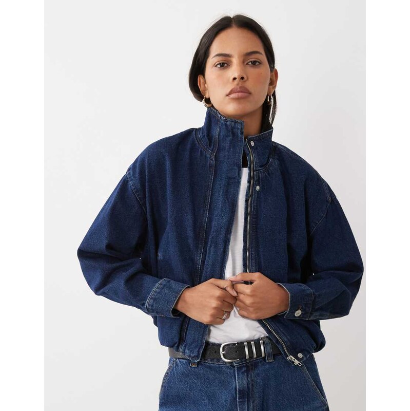 New Look funnel neck denim jacket in dark blue
