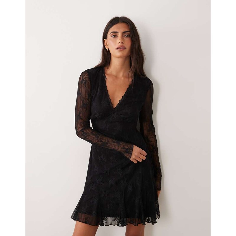 New Look lace v neck long sleeve mini dress in black