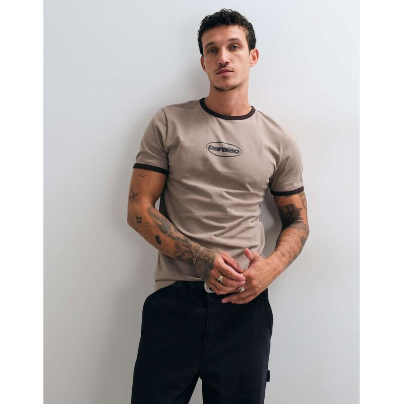 ASOS DESIGN slim ringer t shirt in washed brown