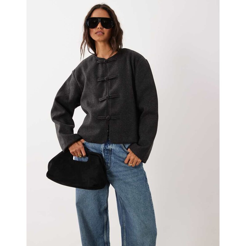 Mango bomber jacket with mandarin buttons in charcoal-Grey