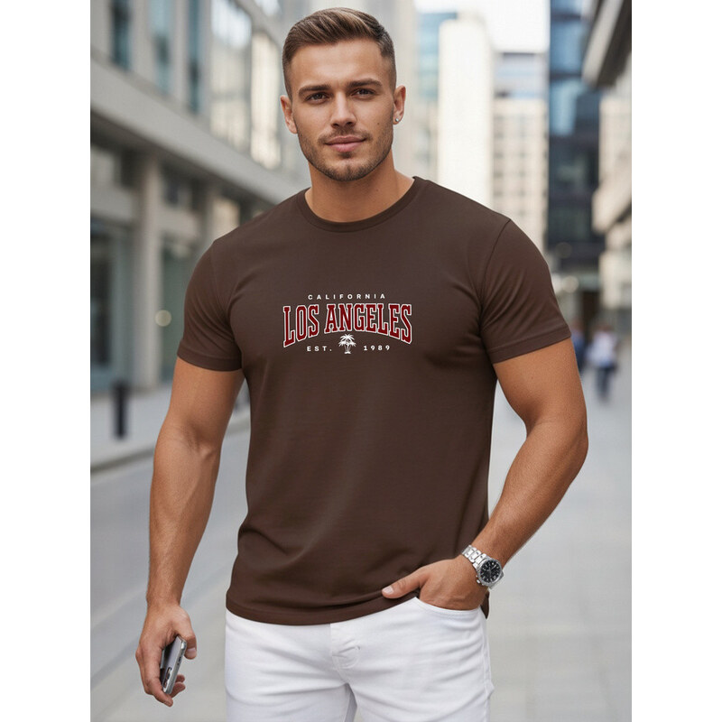 Pánské bavlněné tričko s nápisem, hnědé, FashionStreet NX5136R