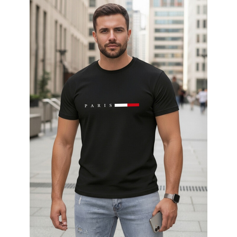 Pánské bavlněné tričko s nápisem PARIS, černé, FashionStreet