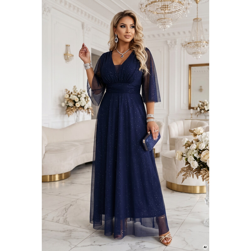 numoco basic Dlouhá plus size šaty se třpytivým tylem - tmavě