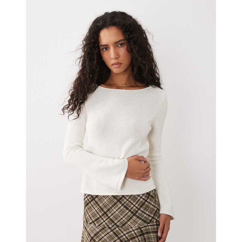 Mango lightweight knitted boat sleeve top in ecru-Neutral