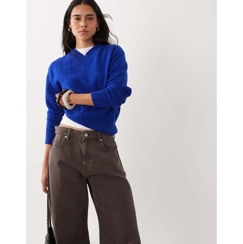 Mango knitted v neck jumper in electric blue