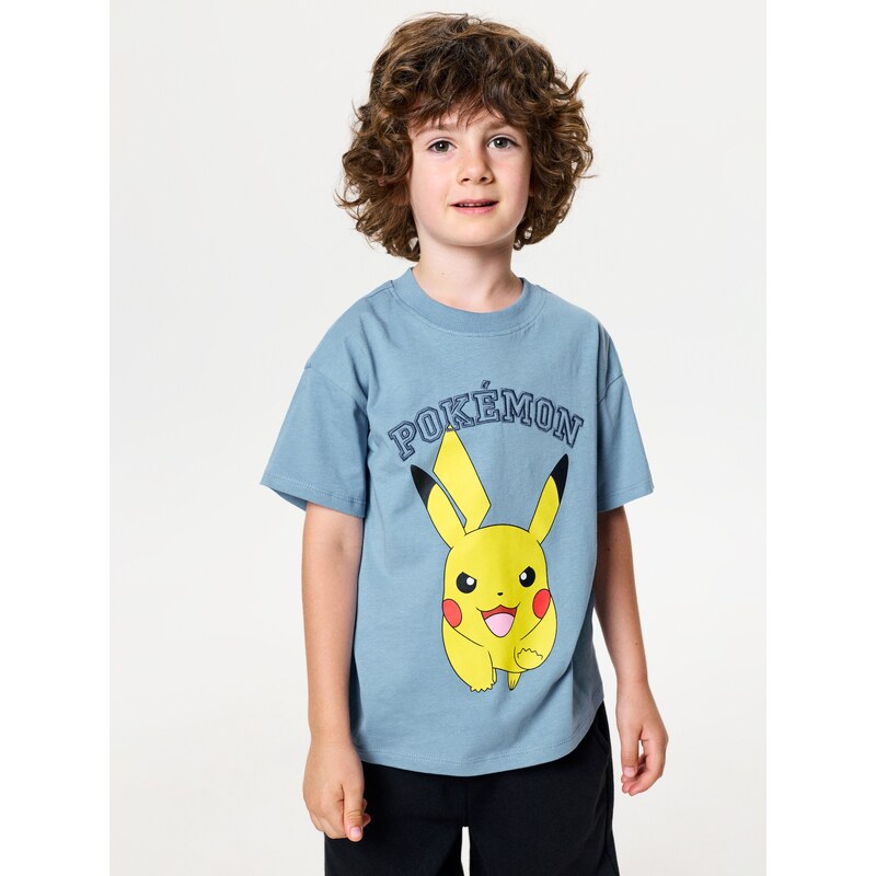 Sinsay - Bavlněné tričko s potiskem na zádech Pokémon - modrá