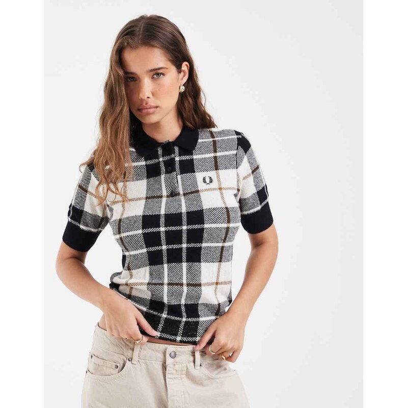 Fred Perry tartan boucle knitted polo shirt in ecru-White