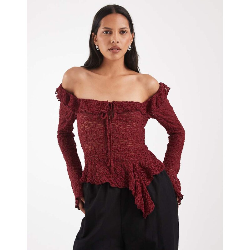 Kiss the Sky long sleeve ruffle lace asymmetric hem top in