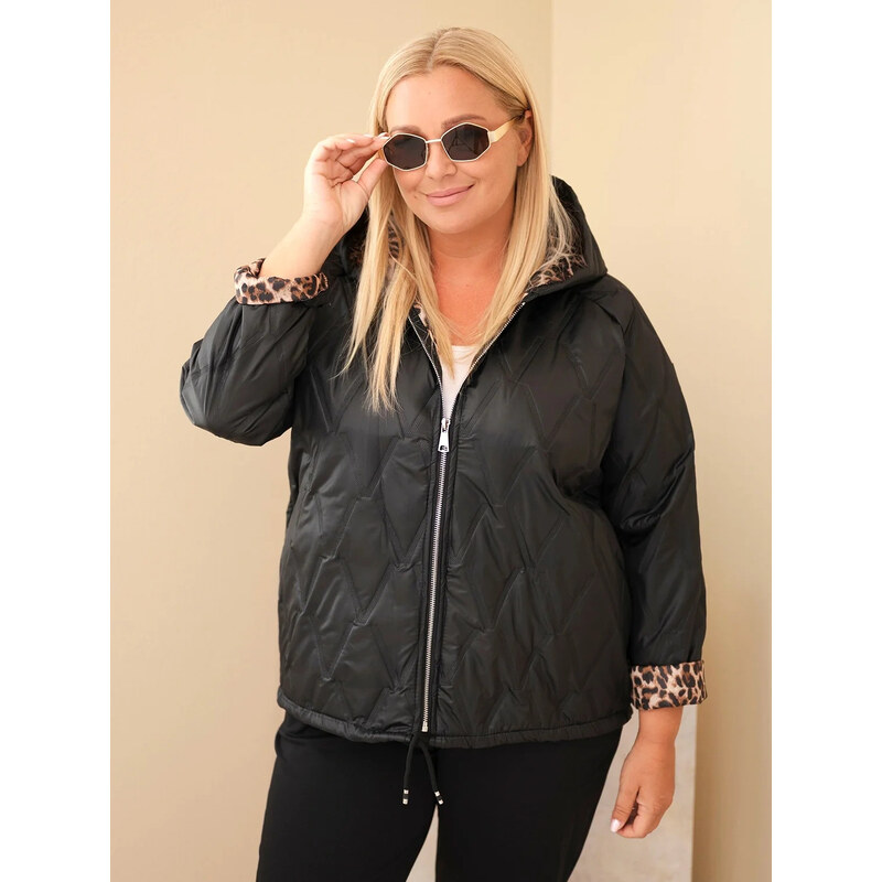 K-Fashion Dámská bunda Plus Size s kapucí a leopardím zakončením