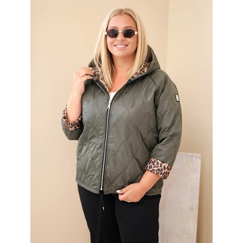 K-Fashion Dámská bunda Plus Size s kapucí a leopardím lemováním