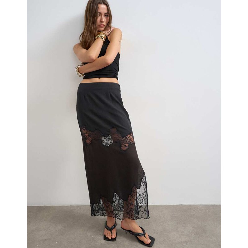 Topshop lace insert column maxi skirt in brown and black