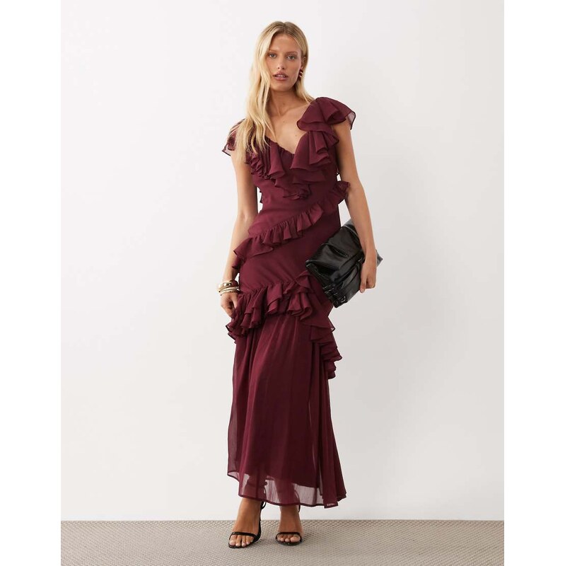 ASOS DESIGN midaxi dress with ruffle detail in plum-Purple