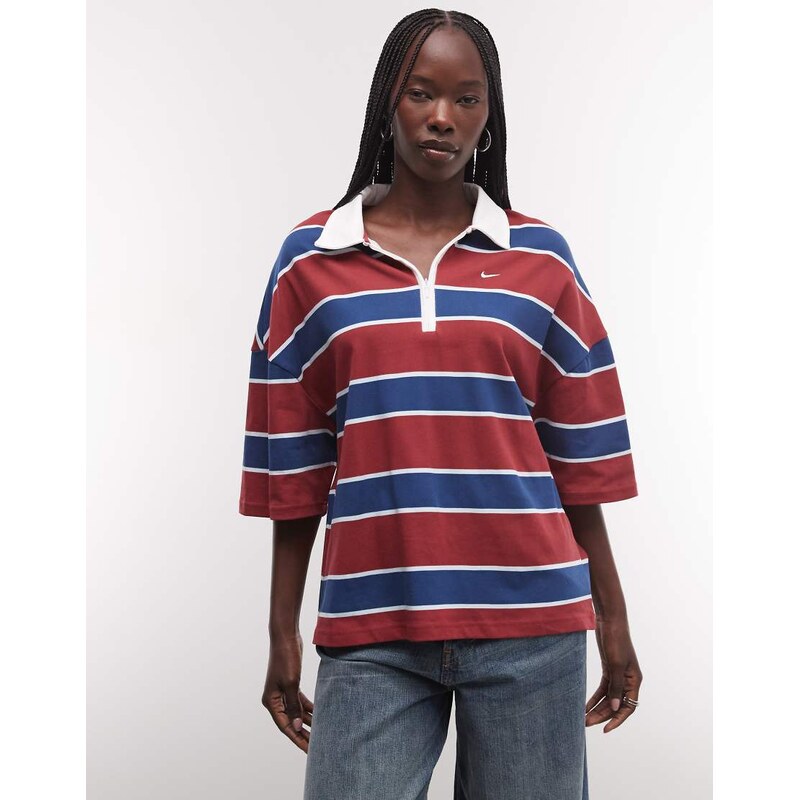 Nike boxy striped polo top in burgundy and blue-Red