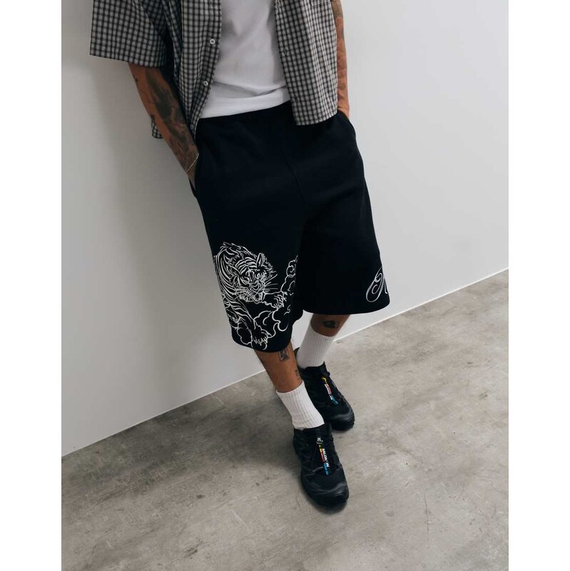 True Religion tiger graphic script loose fit fleece shorts in