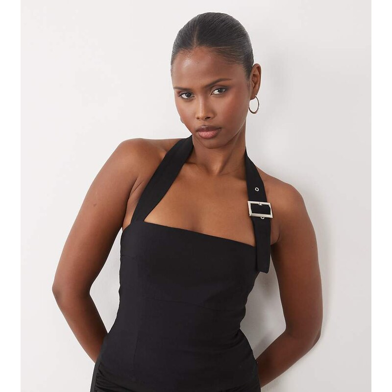 The Frolic exclusive buckle detail halterneck top in black