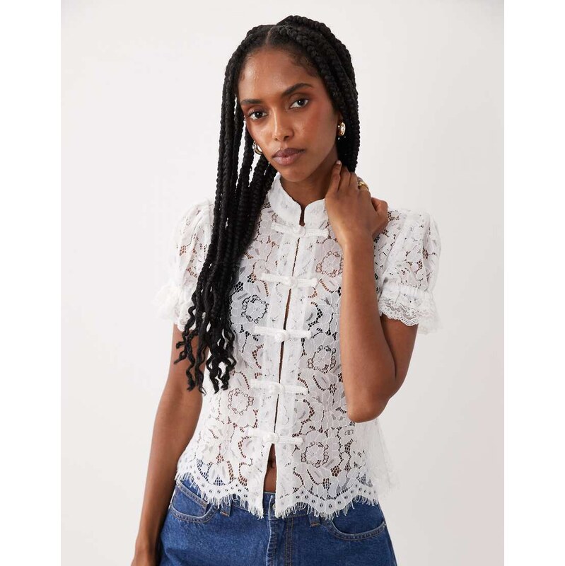 Miss Selfridge lace top with high neck and button detail-White