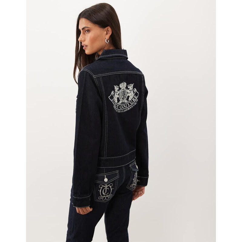Juicy Couture dog crest logo denim jacket co-ord in dark blue