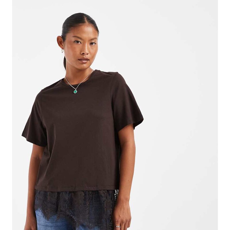 Vero Moda Petite t-shirt with asymmetric lace detail in