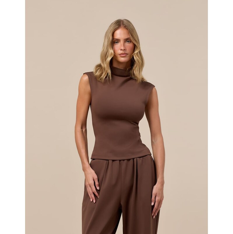 Wanderdoll Alex high neck cap sleeve top co-ord in chocolate