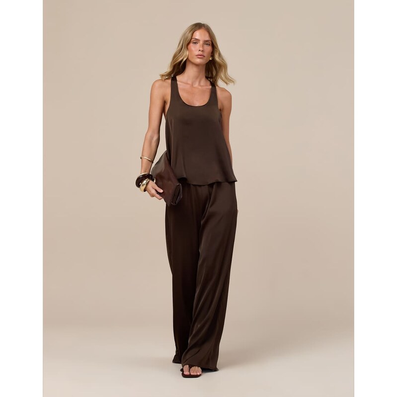 Wanderdoll Leni satin straight leg trousers co-ord in chocolate