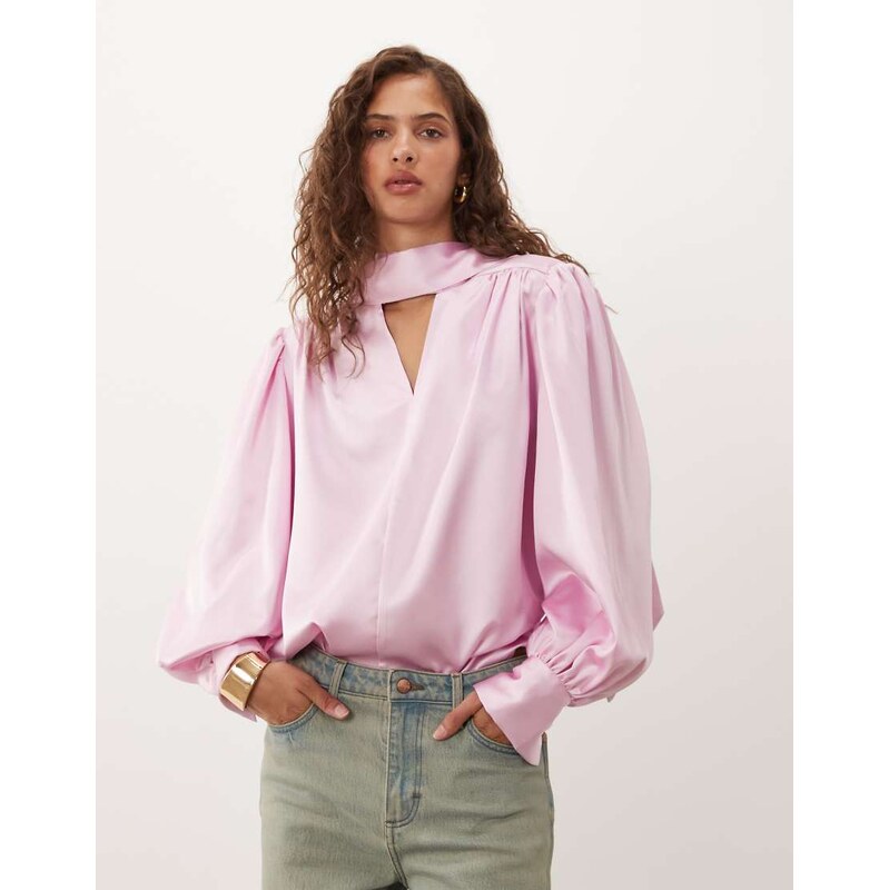 ASOS DESIGN shoulder pad satin blouse in pink