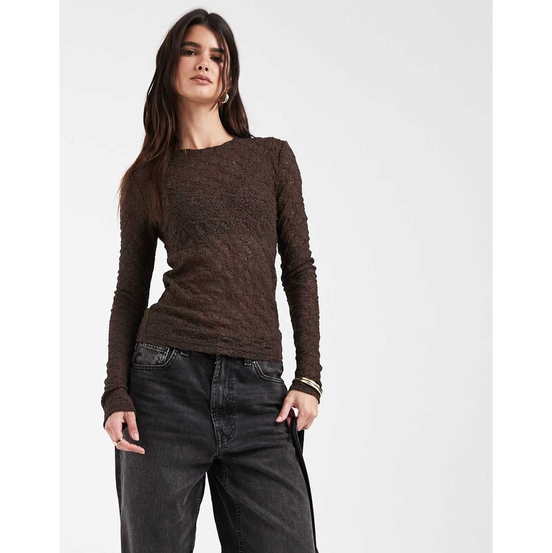 Noisy May long sleeve lace top in chocolate-Brown